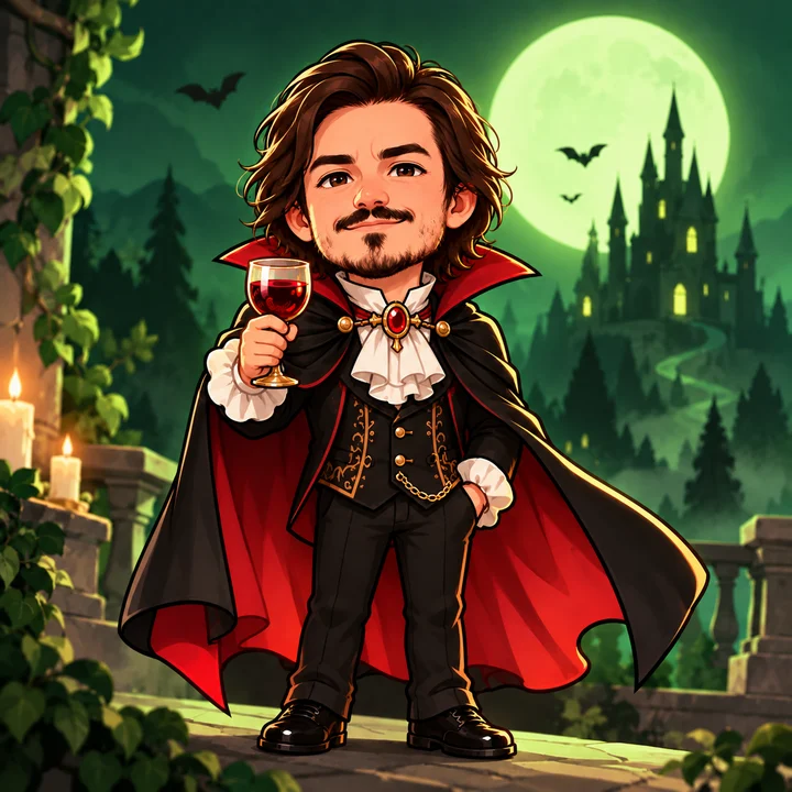 The count: a chibi vampire with long brown hair and a beard, in a black and red cape, raising a glass of red wine before a castle under a green moon
